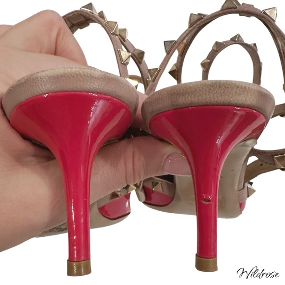 VALENTINO GARAVANI NAPPA PATENT LEATHER HOT PINK ROCKSTUD ANKLE STRAP HEELS SZ 5 - Picture 13 of 17